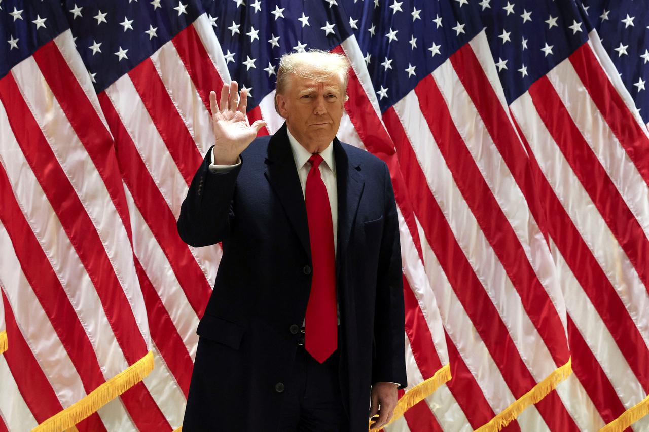Former U.S. President Trump attends a press conference in New York City
