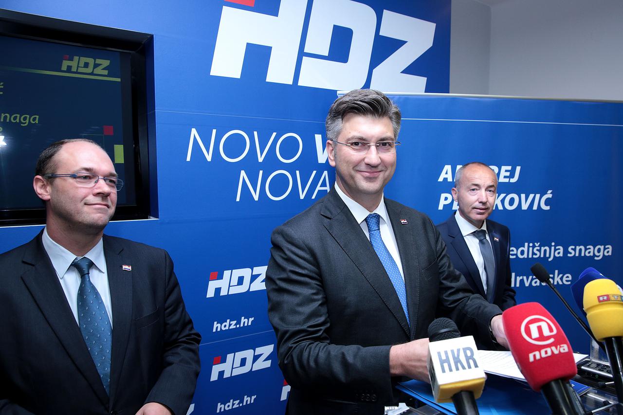 08.07.2016., Zagreb - Kandidat za predsjednika HDZ-a Andrej Plenkovic predstavio je na konferenciji za medije svoj izborni program. Davor Ivo Stier, Andrej Plenkovic, Damir Krsticevic. Photo: Patrik Macek/PIXSELL