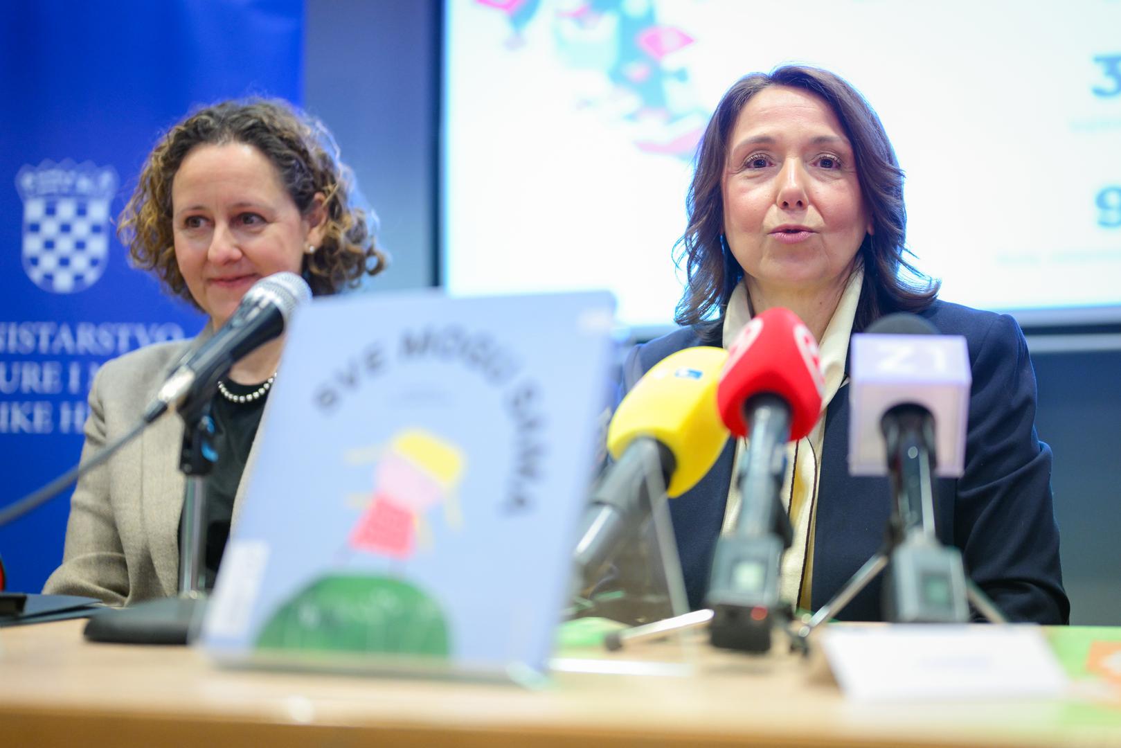 04.02.2026., Zagreb - Ministrica kulture i medija Nina Obuljen Korzinek i ministrica zdravstva Irena Hrstic odrzale su konferenciju za medije na kojoj su objavljeni rezultate nacionalnog izazova „15 po 15 – cijela Hrvatska cita djeci“ i najaviljene daljnje aktivnosti zajednickog programa Rodjeni za citanje - nacionalnog programa poticanja citanja djeci od najranije dobi. Photo: Neva Zganec/PIXSELL