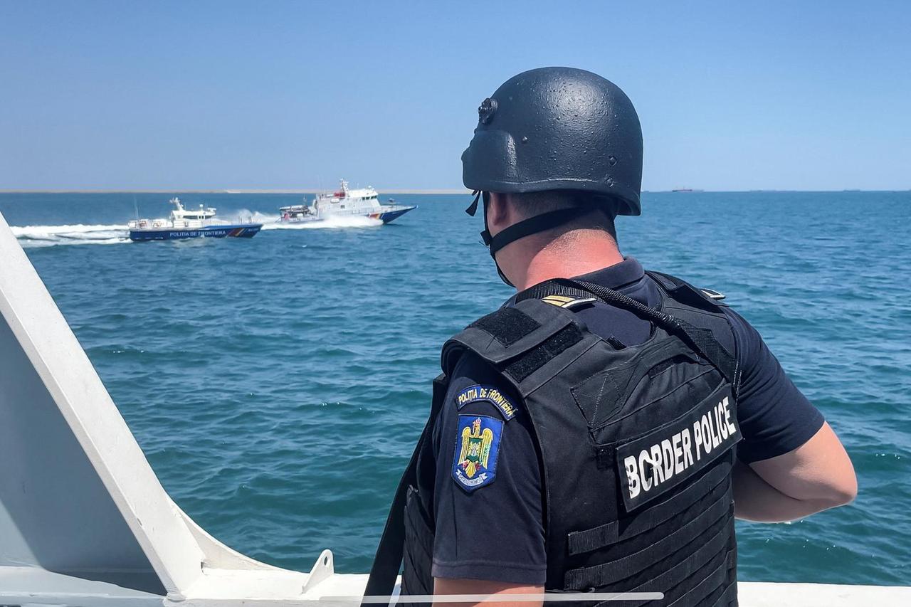 Romanian coast guards take part in a drill off the Black Sea port city of Constanta