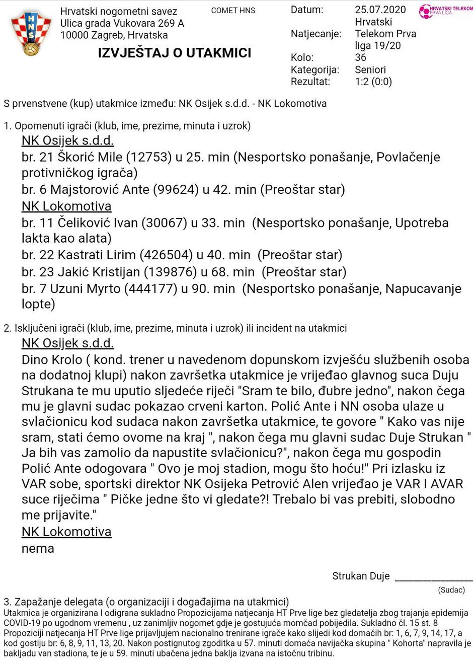 Zapisnik s utakmice Osijek - Lokomotiva