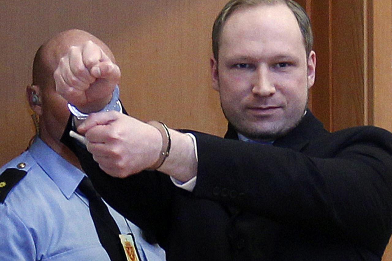 'File picture shows Norwegian Anders Behring Breivik, who killed 77 people, as he arrives at a court hearing in Oslo February 6, 2012. The court stated in a press release on April 10, 2012, that Breiv