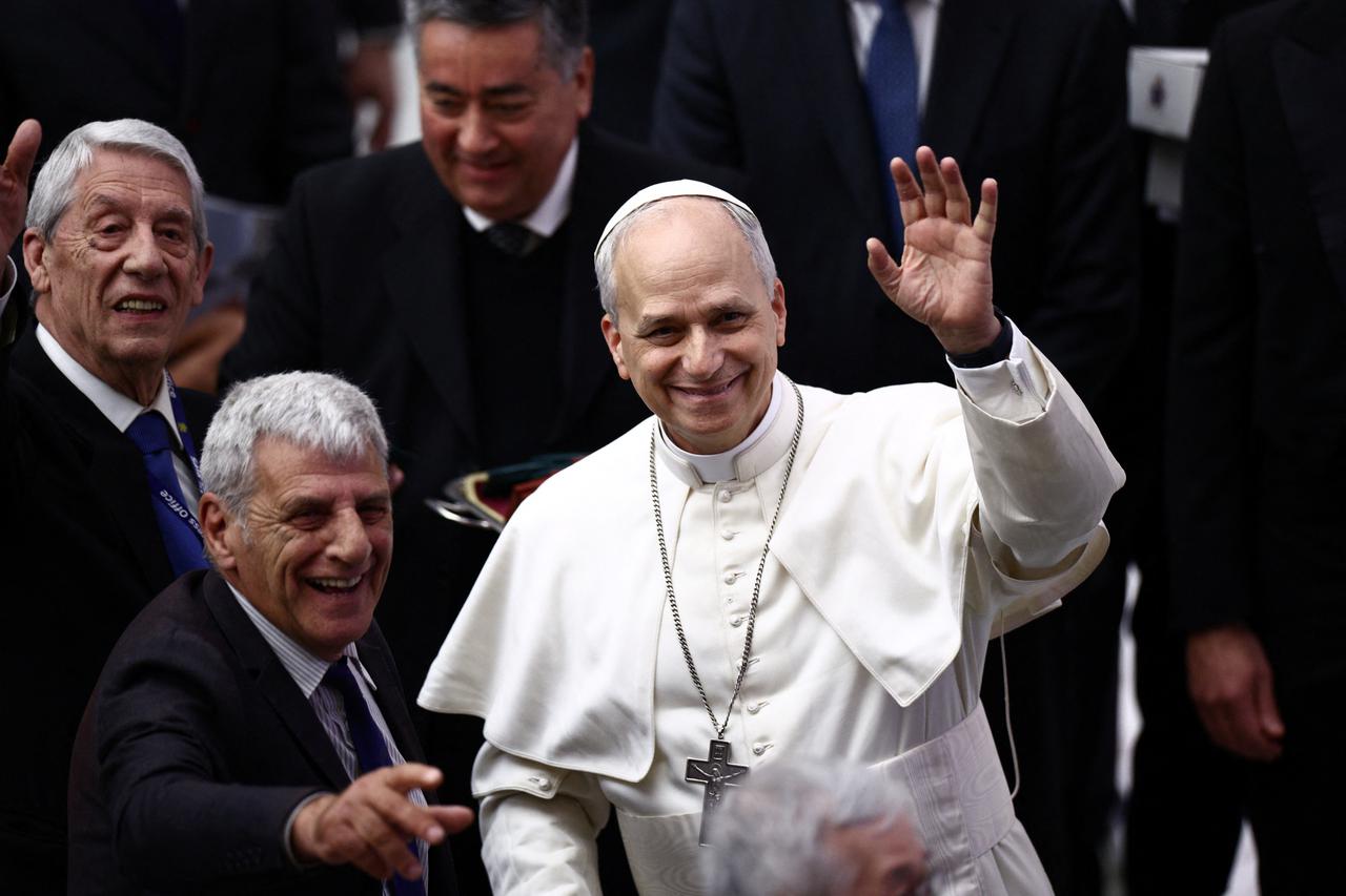 Pope Leo XIV holds an audience with representatives of the media in Paul VI hall at the Vatican