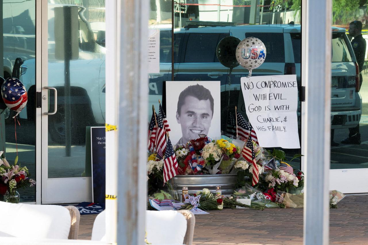 A memorial for Charlie Kirk, who was shot and killed in Utah, at the Turning Point USA headquarters in Phoenix