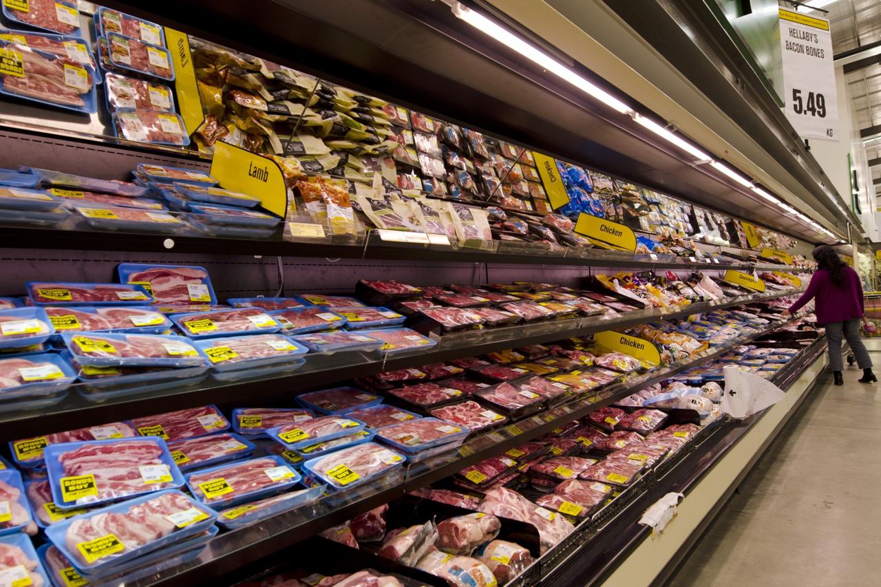 Meat on shelves in supermarket