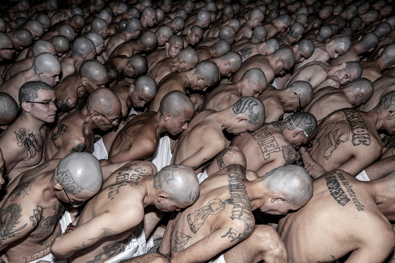 Gang members sit after they arrived at the Terrorism Confinement Center, as part of a move announced by El Salvador's President Nayib Bukele on social media