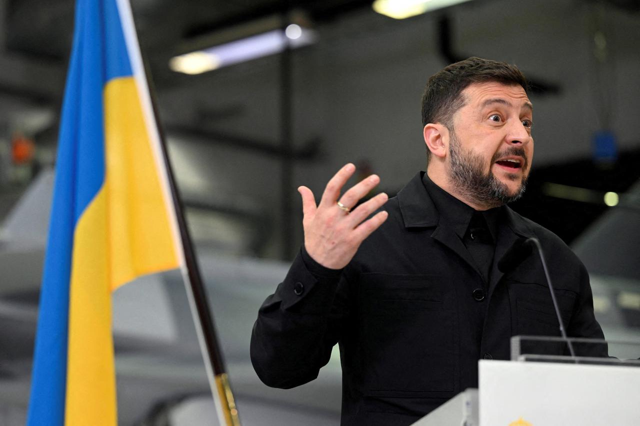 FILE PHOTO: Ukrainian President Zelensky during a joint press conference with Swedish PM Kristersson following their meeting and visit to Saab in Linkoping