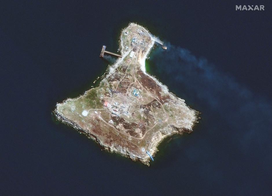 A satellite image shows an overview of Snake Island