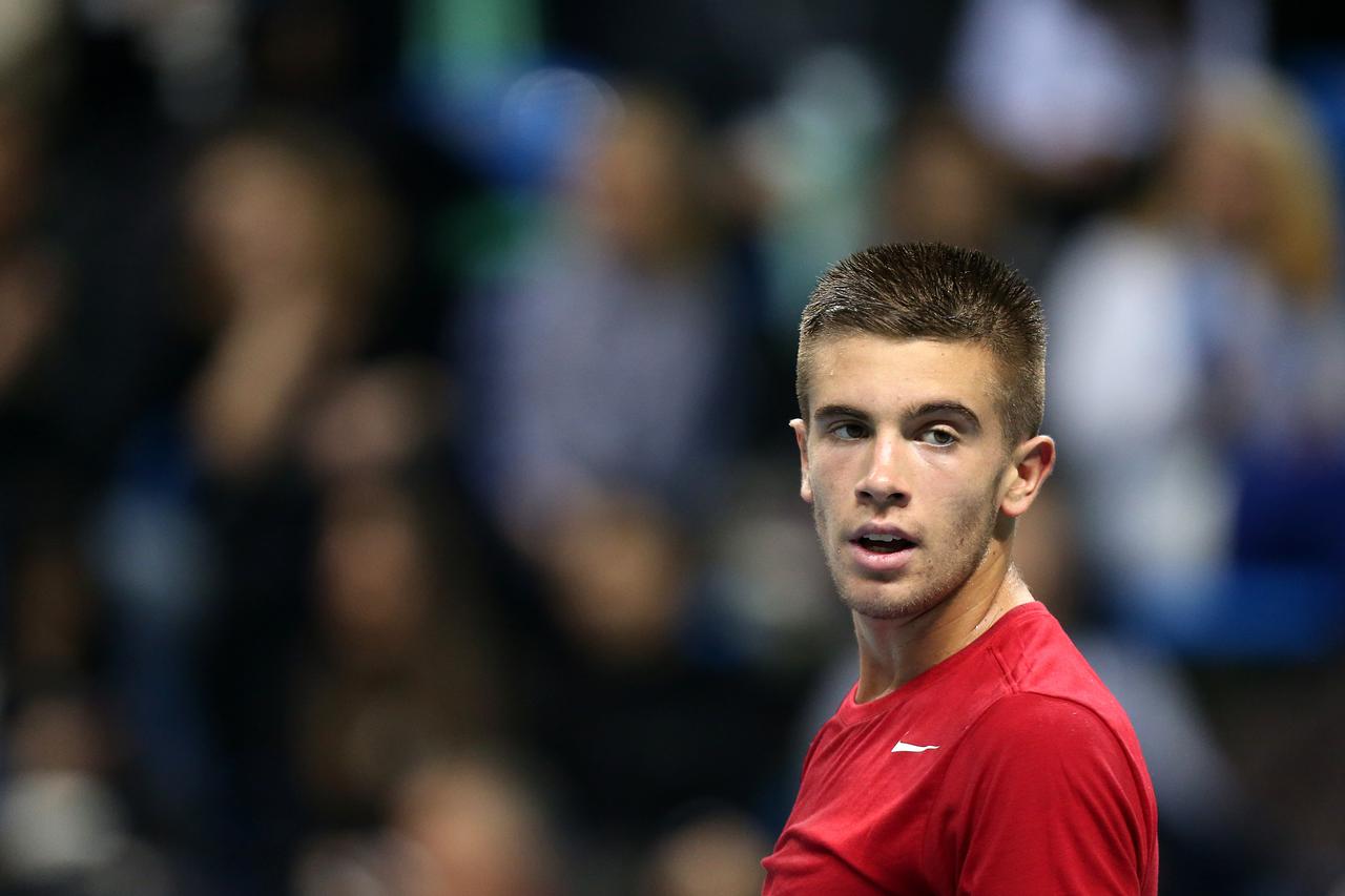 06.03.2015., Kraljevo - Sportski centar Kraljevo, prvo kolo Davis cup, Srbija - Hrvatska. Viktor Troicki - Borna Coric. Photo: Slavko Midzor/PIXSELL
