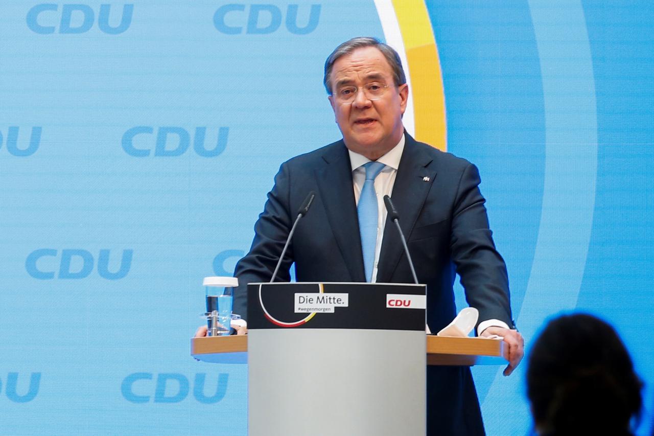 North Rhine-Westphalia's State Premier and head of Germany's CDU party Armin Laschet gives statement at the CDU headquarters in Berlin