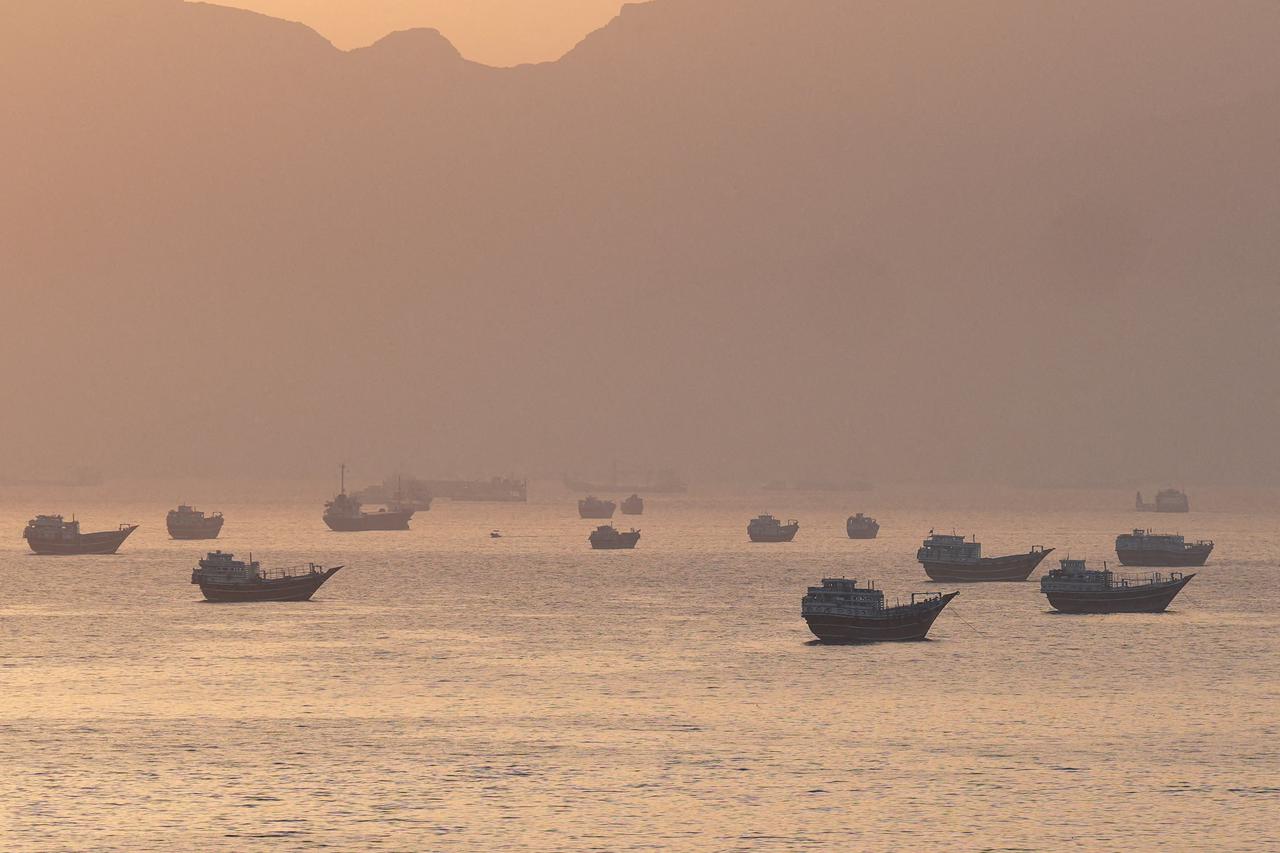 Vessels anchored at the Strait of Hormuz, as seen from Musandam