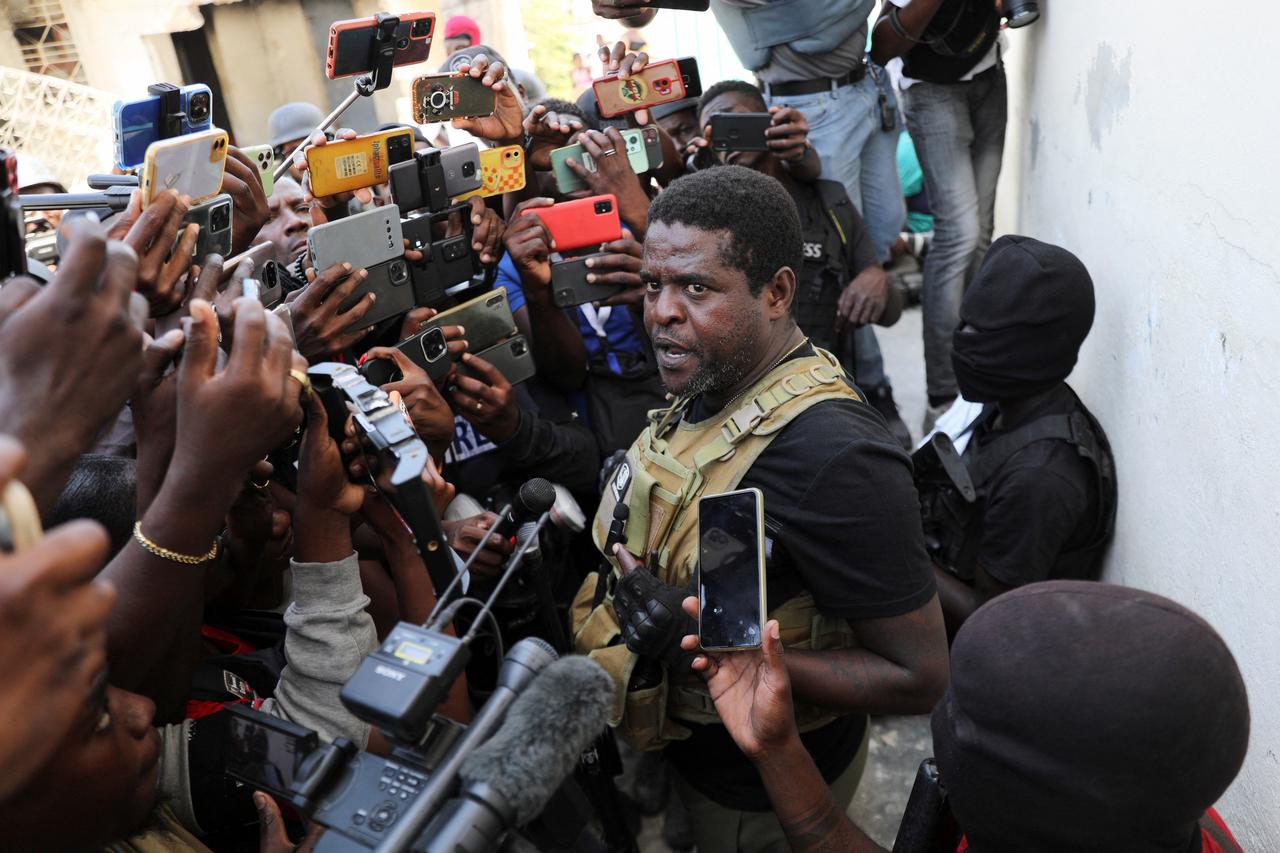 Former police officer Jimmy "Barbecue" Cherizier holds press conference, in Port-au-Prince