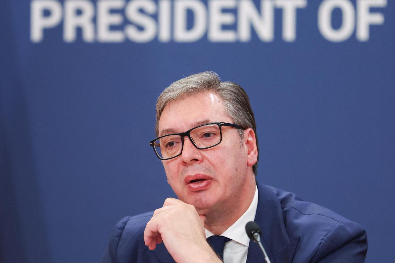 Serbia's President Vucic holds a press conference in Belgrade