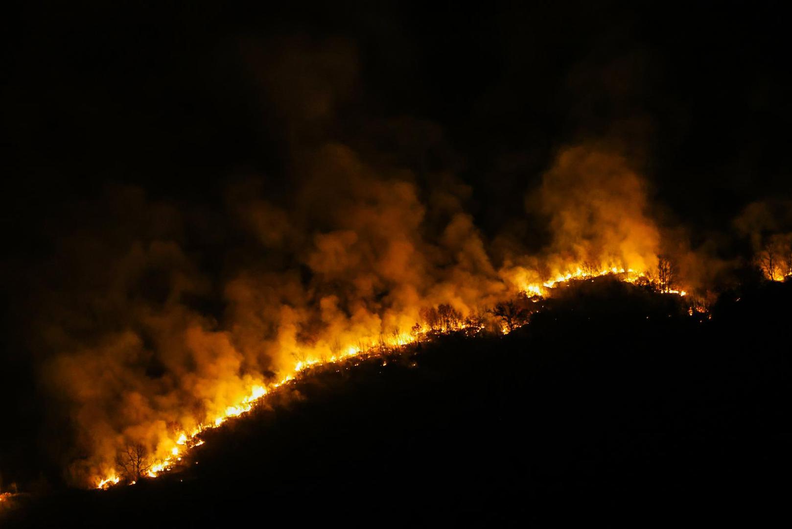 05.02.2025., Susnjevica- Danas oko 15 sati izbio je požar podno Učke, na području Kožljaka, točnije Jasenovika. Gori trava i nisko raslinje, a tamošnje kuće nisu ugrožene. Na terenu je 50 vatrogasaca s 15 vozila.  Photo: Srecko Niketic/PIXSELL