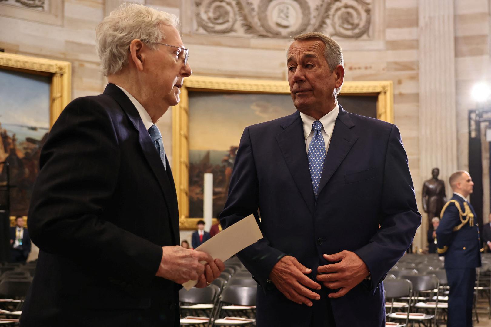 WASHINGTON, DC - JANUARY 20:  U.S. Sen. Mitch McConnell (R-KY) (L) speaks with former U.S. Speaker of the House John Boehner as they arrive to the inauguration of U.S. President-elect Donald Trump in the Rotunda of the U.S. Capitol on January 20, 2025 in Washington, DC. Donald Trump takes office for his second term as the 47th president of the United States.     Chip Somodevilla/Pool via REUTERS Photo: Chip Somodevilla/REUTERS