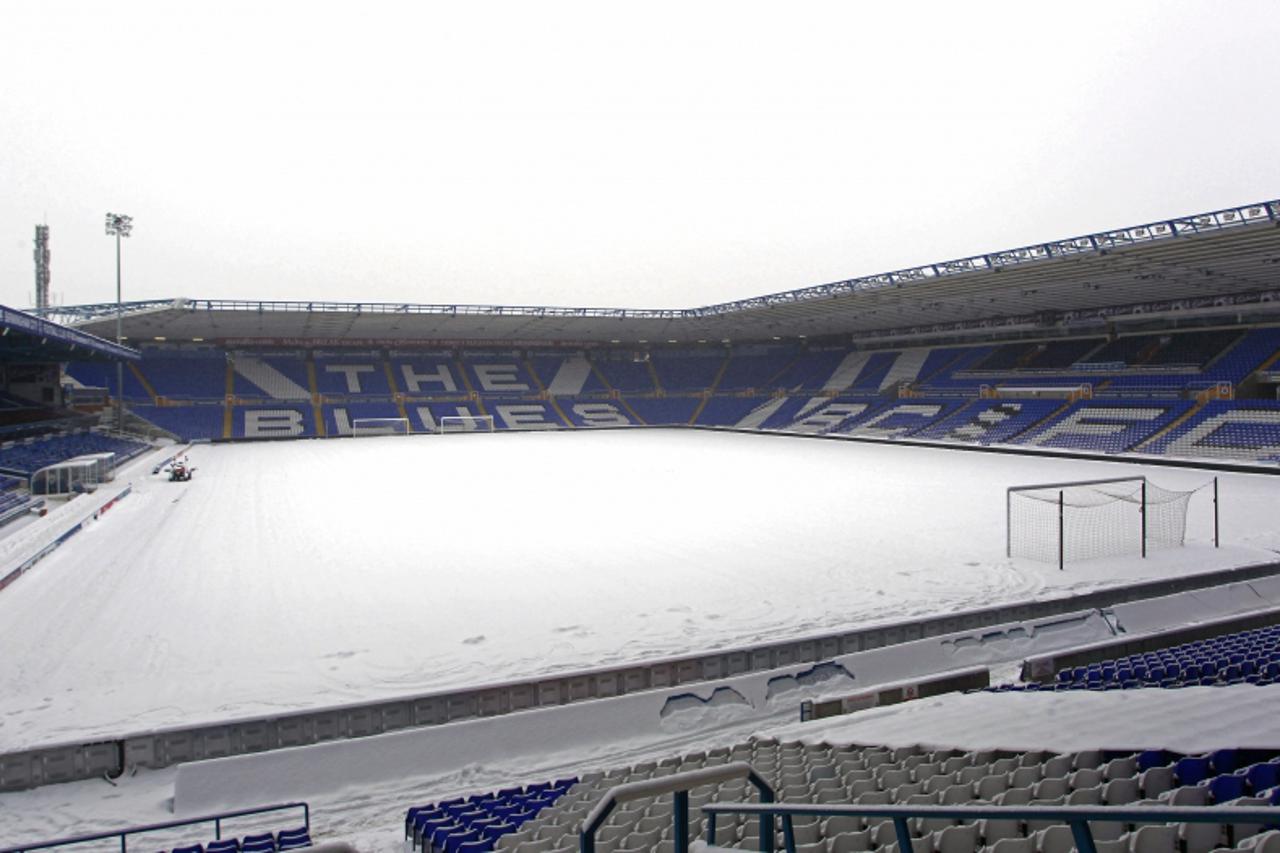 \'A general view of the snow-covered pitch at St Andrews. The game was postponed due to the bad weather a few hours before kick off in the English Premier League football match between Birmingham City