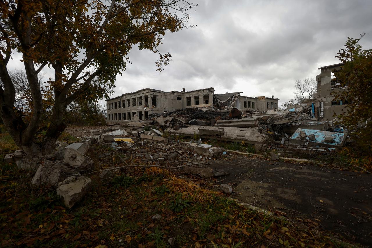 View shows a school building destroyed by a Russian air strike in a village near a frontline in Mykolaiv region