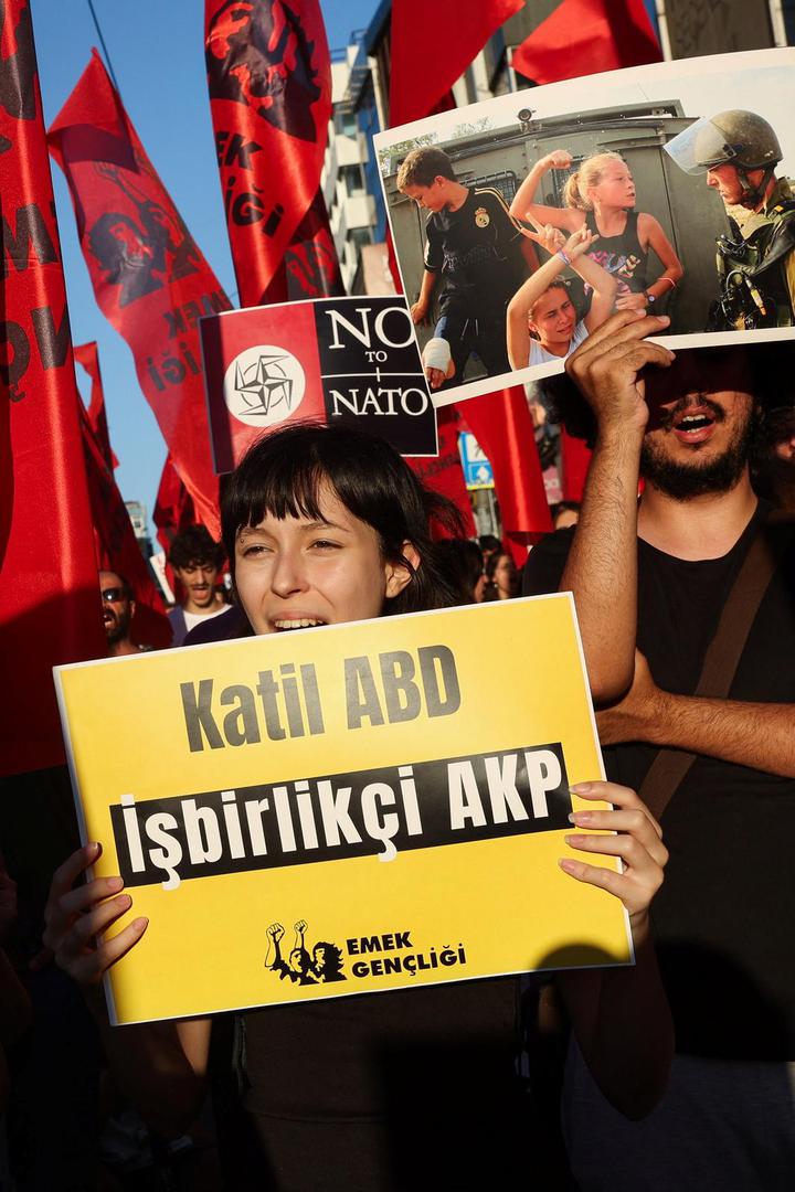 Demonstrators hold placards and flags during a protest ahead of NATO leaders' summit, in Istanbul, Turkey, July 5, 2026. REUTERS/Dilara Senkaya Photo: DILARA SENKAYA/REUTERS