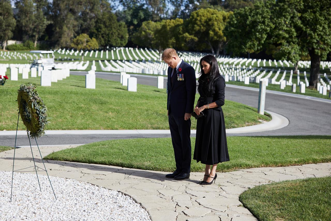 Britain's Prince Harry and Meghan, Duchess of Sussex visit the Los Angeles National Cemetery in honour of Remembrance Sunday, in Los Angeles