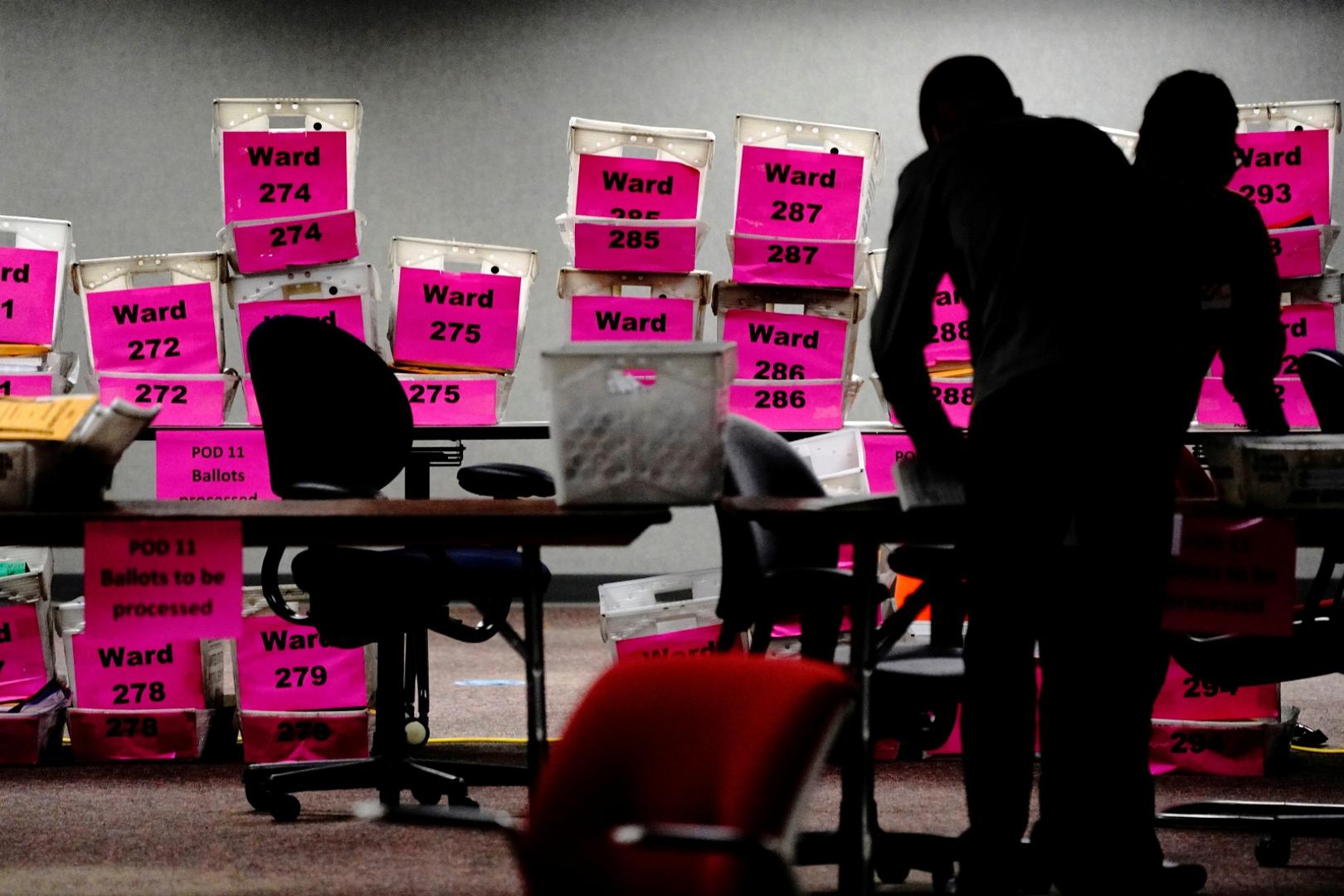 2020 U.S. presidential election in Wisconsin Empty boxes from Milwaukee's voting wards are seen the night of Election Day as absentee ballots are counted at Milwaukee Central Count in Milwaukee, Wisconsin, U.S. November 3, 2020. REUTERS/Bing Guan     TPX IMAGES OF THE DAY BING GUAN