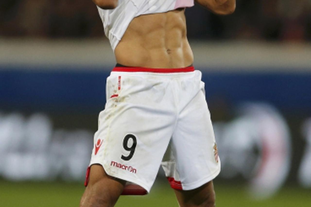 'REFILE - ADDING FIRST NAME OF FALCAO   AS Monaco\'s Radamel Falcao celebrates after scoring a goal against Paris St Germain during their French Ligue 1 soccer match at the Parc des Princes Stadium in
