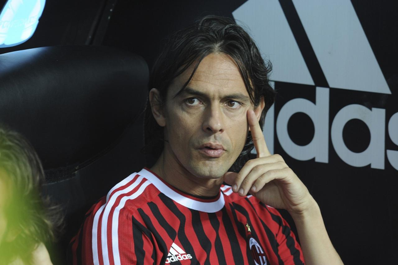 'MILAN, ITALY - MAY 14:  Filippo Inzaghi of Milan looks on during the Serie A match between AC Milan and Cagliari Calcio at Stadio Giuseppe Meazza on May 14, 2011 in Milan, Italy.  (Photo by Dino Pana