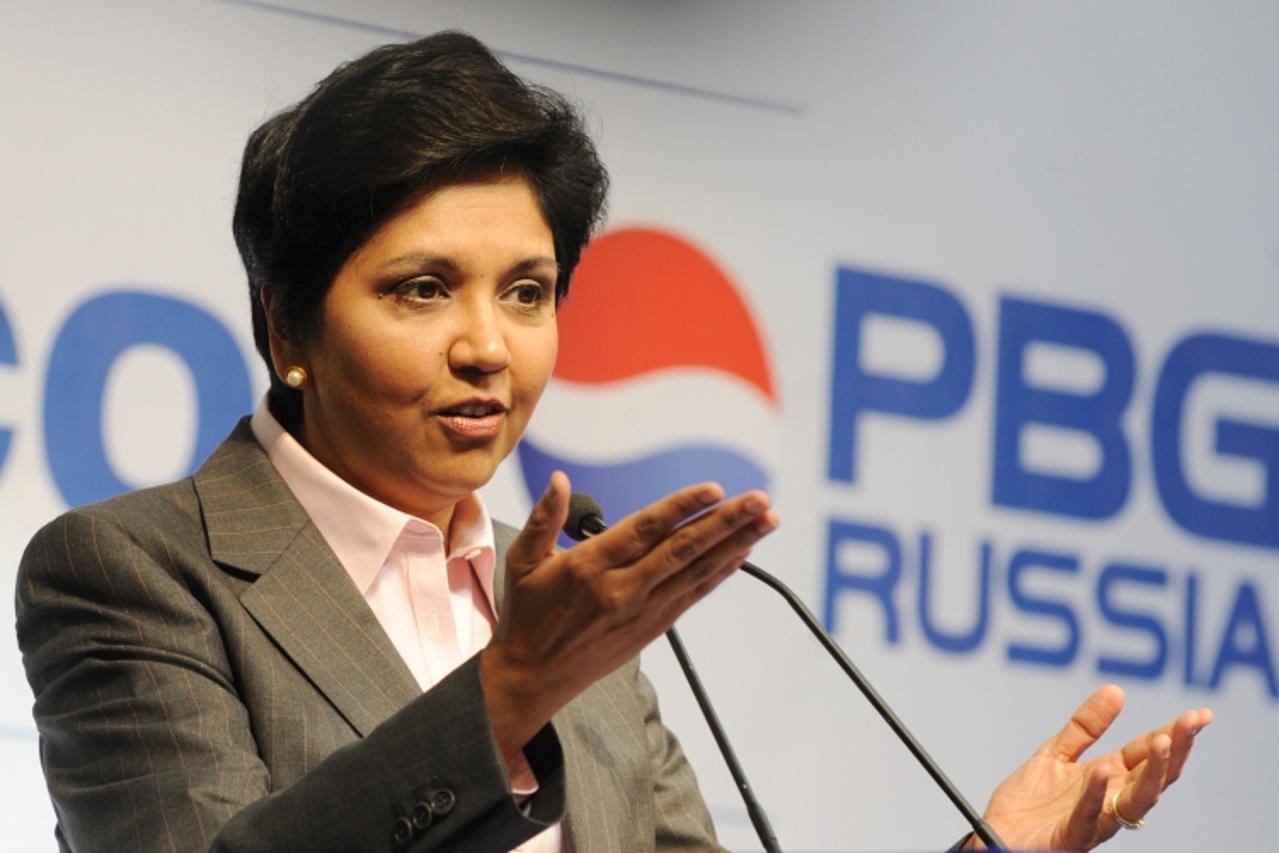 'CEO of PepsiCo Indra Nooyi speaks at the official opening of a PepsiCo bottling plant not far from Moscow in Domodedovo on July 8, 2009.  US soft drink giant PepsiCo opened the new largest bottling p