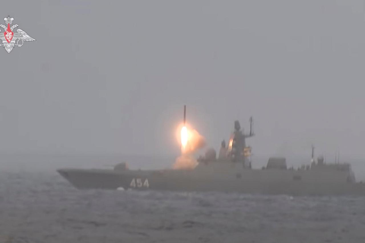 Russian guided missile frigate Admiral Gorshkov fires the Tsirkon hypersonic missile during the exercises by nuclear forces