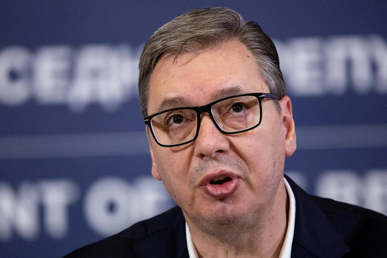 FILE PHOTO: Serbia's President Aleksandar Vucic speaks during a press conference in his office in Belgrade