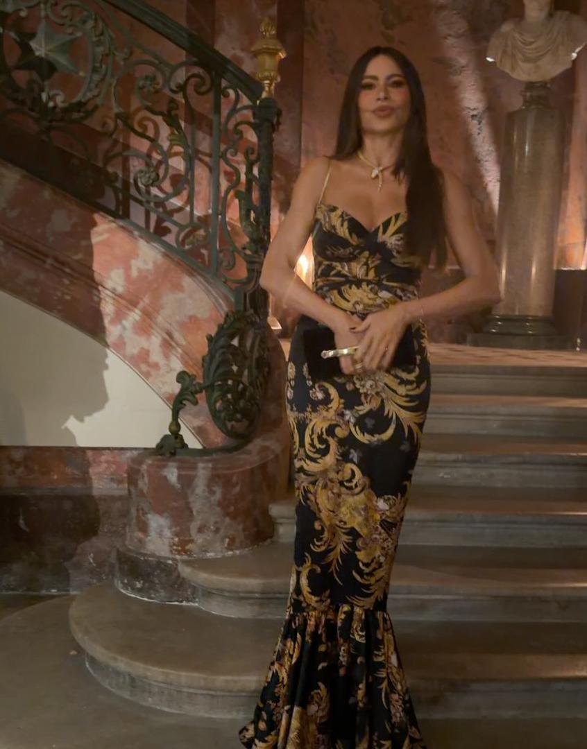 U najnovijoj objavi na Instagramu, Vergara je pokazala besprijekoran modni ukus pozirajući u uskoj crno-zlatnoj haljini srcolikog izreza. Riječ je o vintage komadu s potpisom Roberta Cavallija koji savršeno naglašava njezinu figuru. Posebnu pažnju ukrao je upečatljiv komad nakita oko njezinog vrata, glamurozna ogrlica u obliku zmije optočena kamenjem koja nosi potpis brenda Bvlgari. U opisu objave kratko je označila spomenuti brend uz emotikon narančastog srca i francuske zastave.