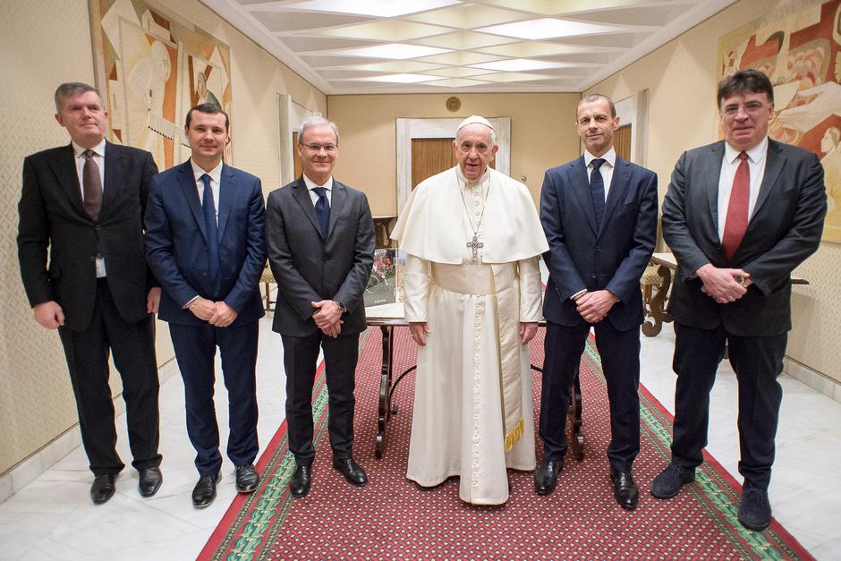 February 6, 2019 : Pope Francis meets the U.E.F.A. President, Aleksander Ceferin, during a private audience in the Vatican.