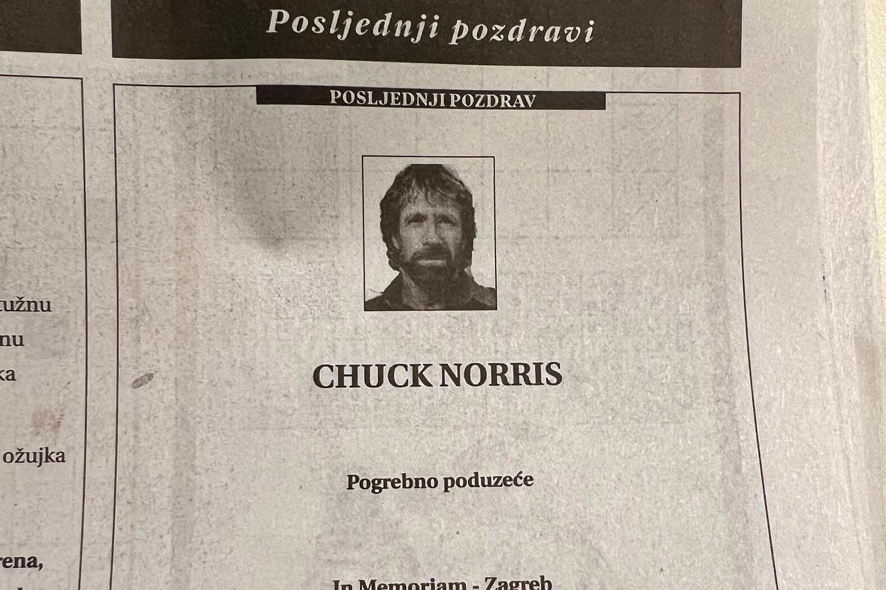 Zagreb: U Večernjem listu objavljena osmrtnica Chuck Norrisu
