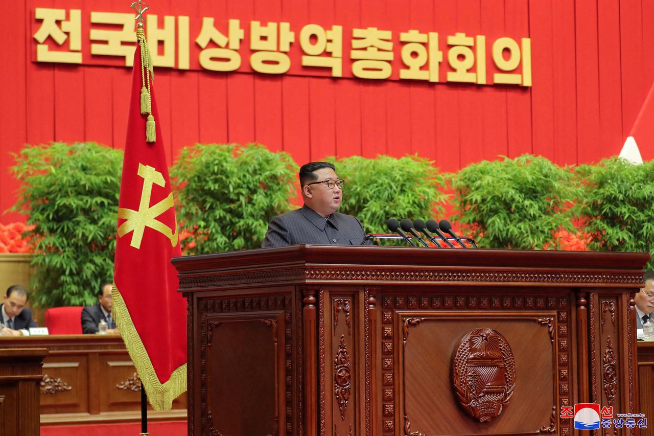 North Korea's leader Kim Jong Un speaks during a national meeting on measures against the coronavirus disease (COVID-19) in Pyongyang