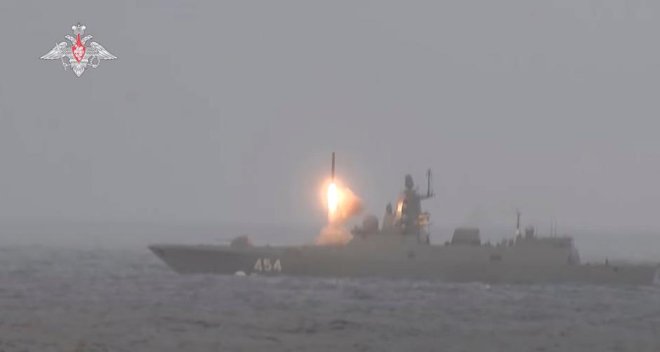 Russian guided missile frigate Admiral Gorshkov fires the Tsirkon hypersonic missile during the exercises by nuclear forces