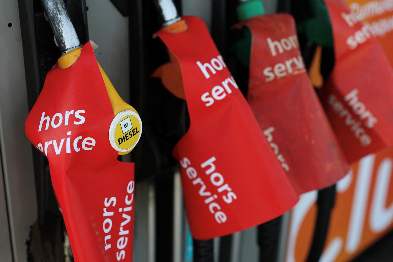Out-of-service fuel nozzles at a gas station in Les Sorinieres