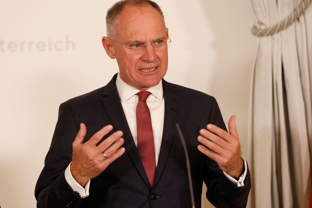 Austrian Interior Minister Gerhard Karner attends a news conference in Vienna
