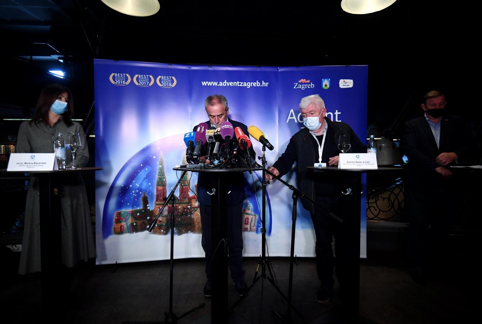 10.11.2020., Zagreb - Gradonacelnik Milan Bandic sa suradnicima odrzao konferenciju za medije na temu odrzavanja manifestacije Advent u Zagrebu u uvjetima pandemije koronavirusa. Uz gradonacelnika, javnosti se obratila i direktorica Turisticke zajednice grada Zagreba Martina Bienenfeld, ravnatelj Nastavnog zavoda za javno zdravstvo Dr. Andrija Stampar dr. Zvonimir Sostar.Photo: Marko Lukunic/PIXSELL