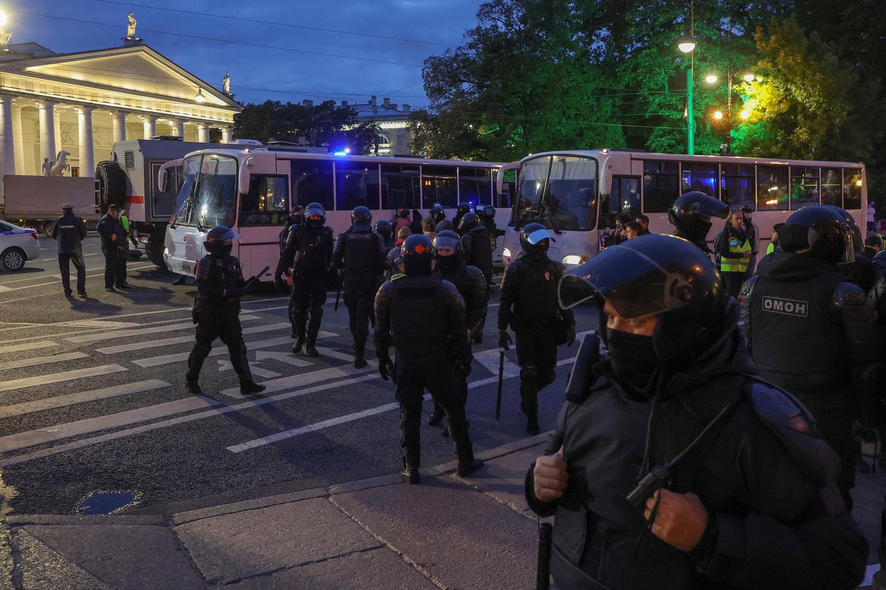 Russian law enforcement officers stand guard in Saint Petersburg