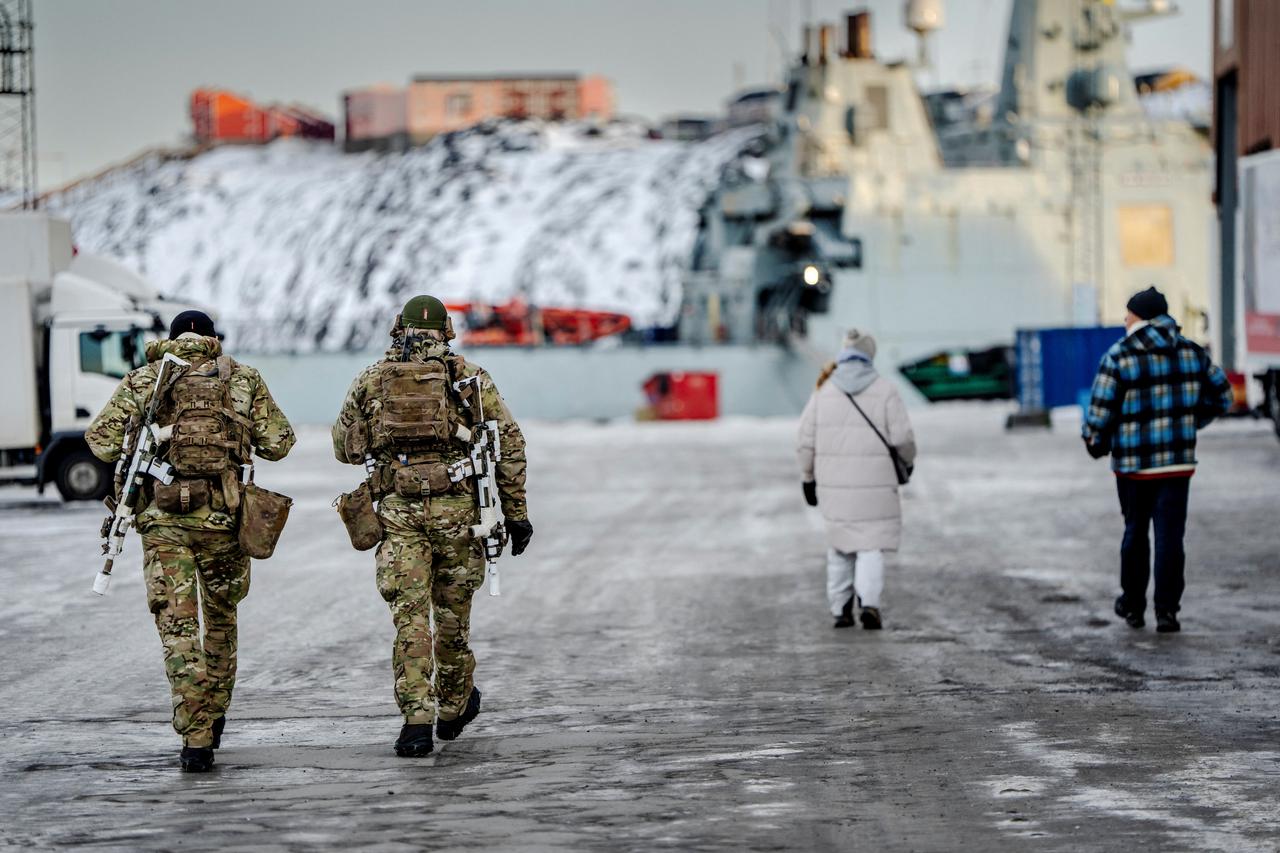 Soldiers guard the harbor in Nuuk