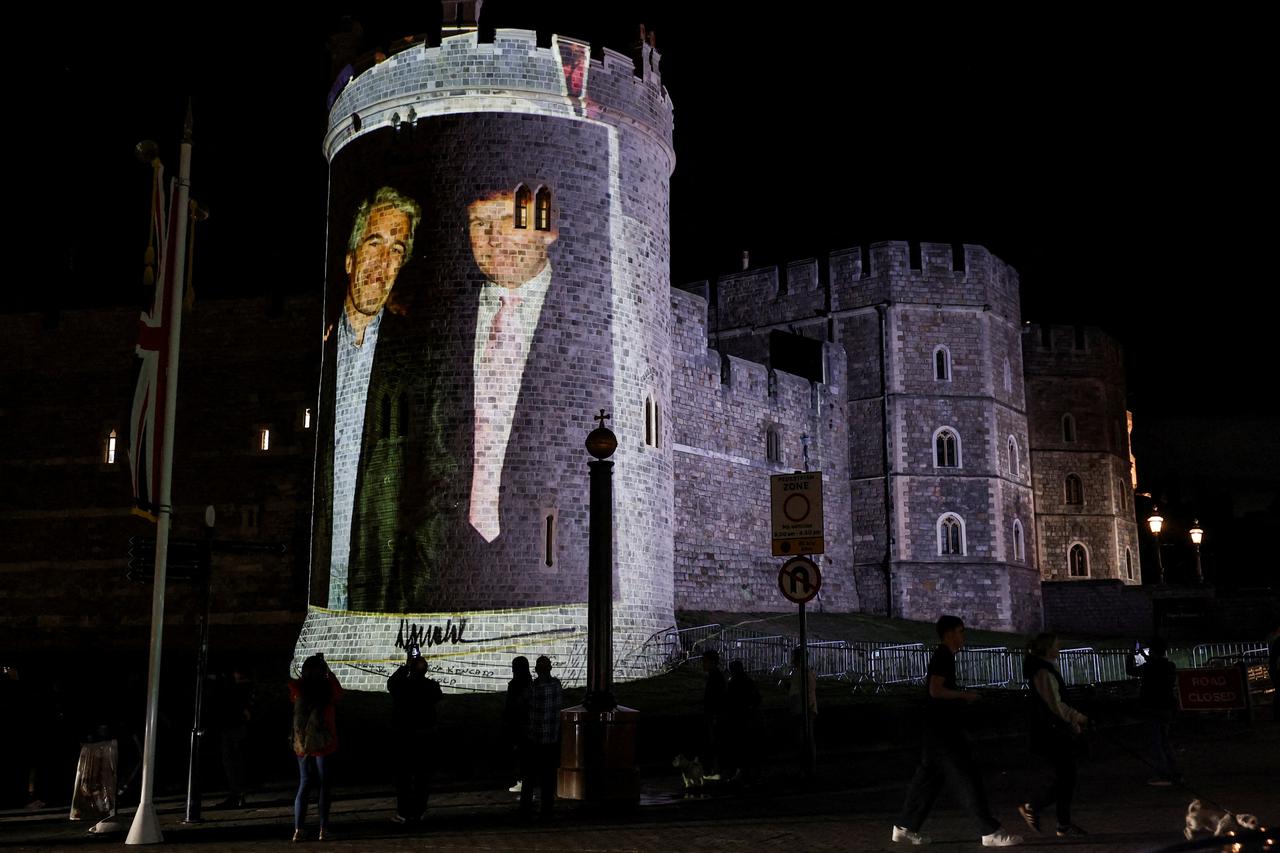 Image of U.S. President Donald Trump alongside disgraced financier Jeffrey Epstein is projected on Windsor castle