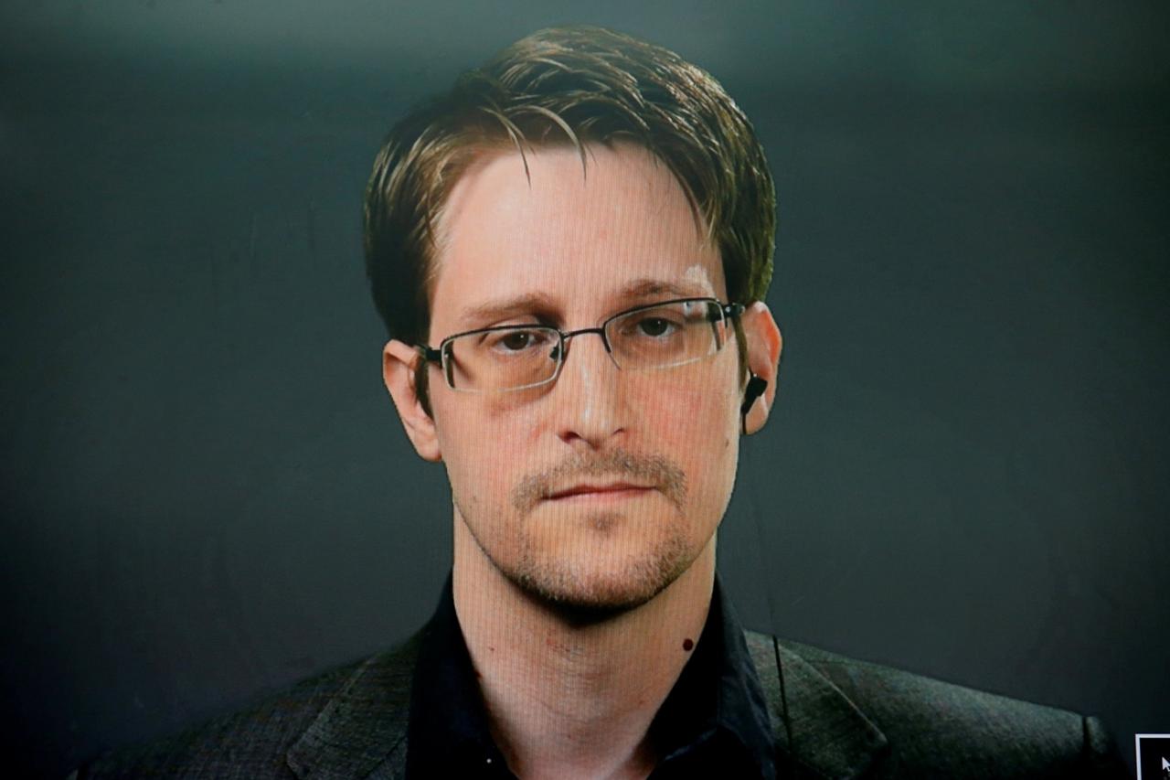 FILE PHOTO: Edward Snowden speaks via video link during a news conference in New York