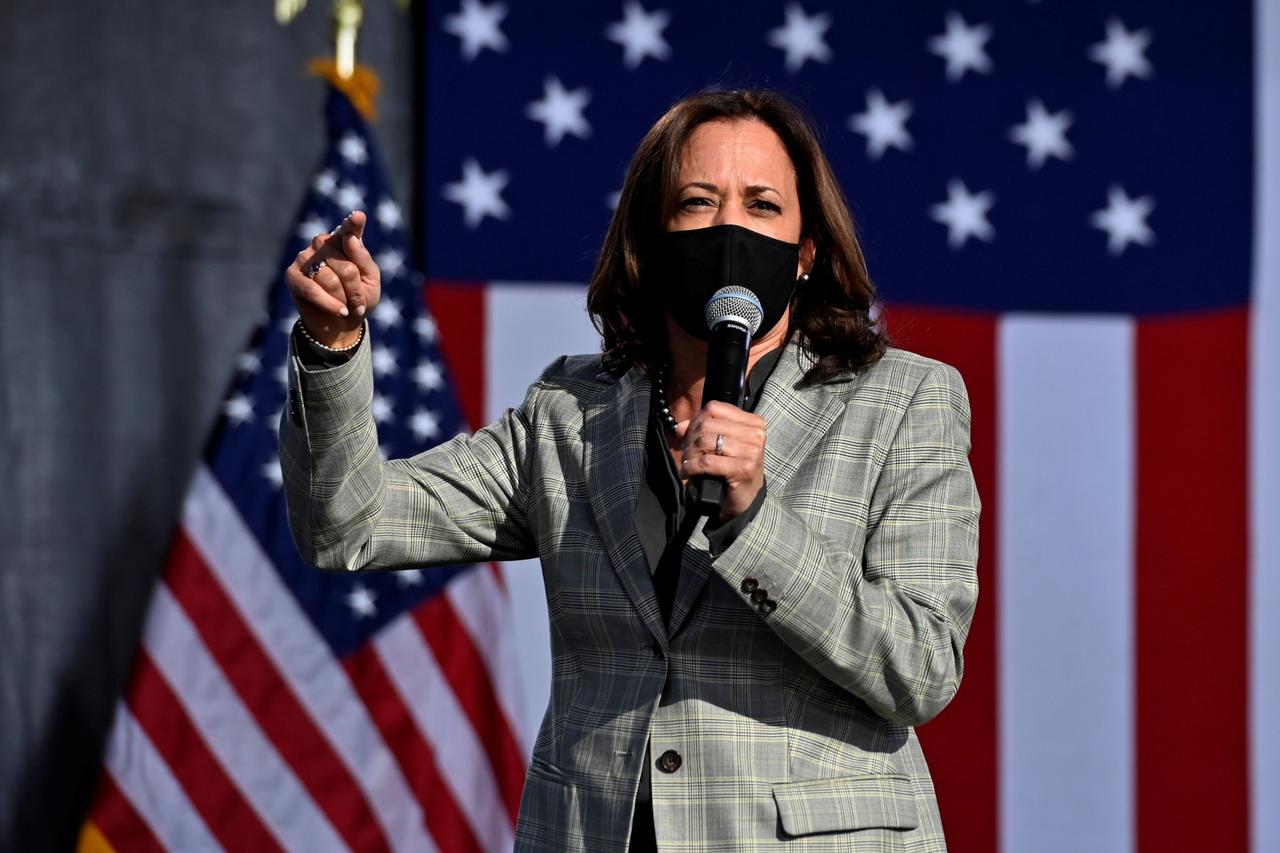 Democratic U.S. vice presidential nominee and Senator Kamala Harris speaks at a drive-in campaign event in Las Vegas