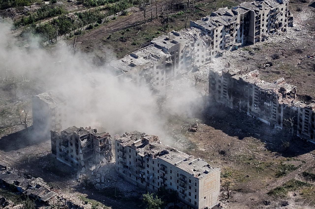 A drone view shows destroyed buildings in the frontline town of Chasiv Yar