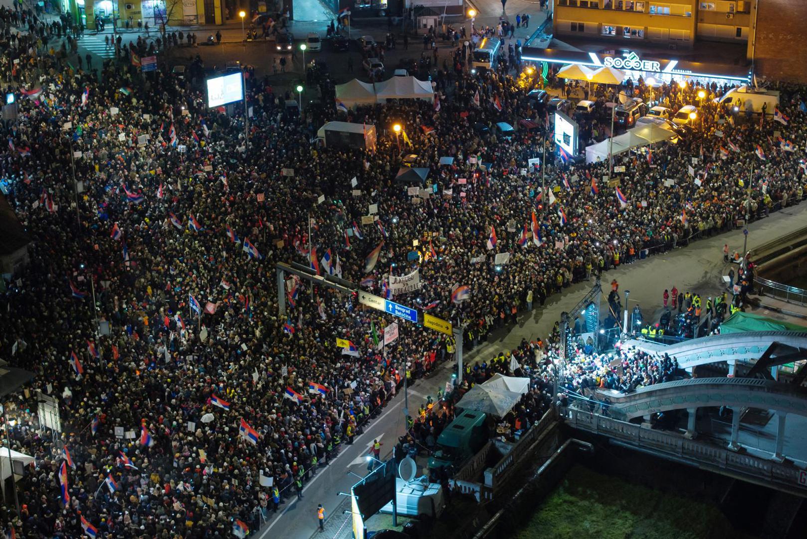 A drone view shows demonstrators attending a protest over the fatal November 2024 Novi Sad railway station roof collapse, in Kragujevac, Serbia February 15, 2025. REUTERS/Marko Djurica Photo: MARKO DJURICA/REUTERS