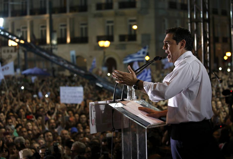 Greek Prime Minister Alexis Tsipras delivers a speech at an anti-austerity rally in Syntagma Square in Athens, Greece, July 3, 2015. Tsipras, elected in January on a promise to end six years of austerity, extolled a packed Syntagma square in central Athen