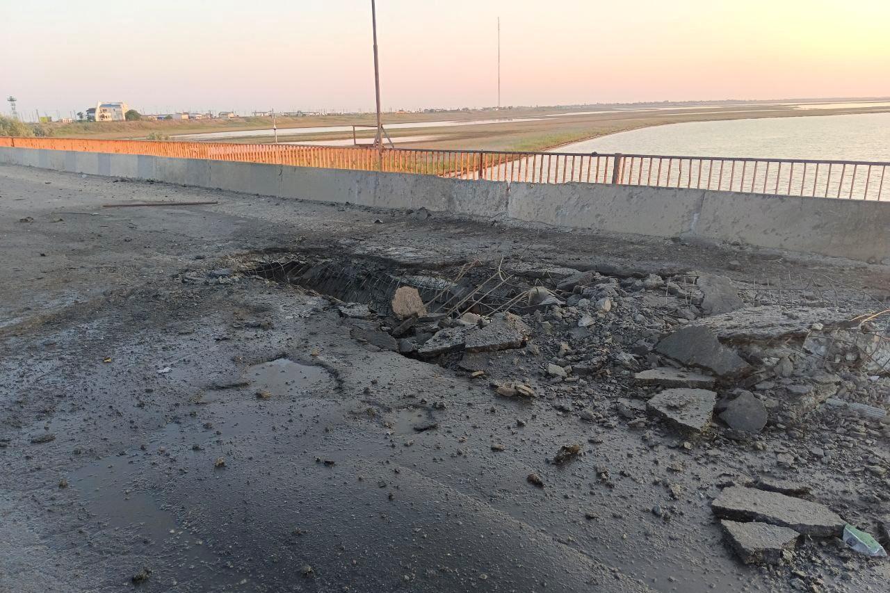 A view shows the damaged Chonhar bridge connecting Russian-held parts of Ukraine's Kherson region to the Crimean peninsula