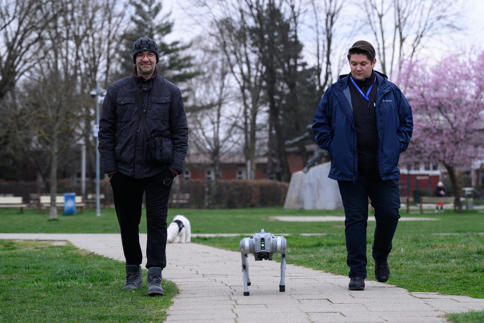 07.03.2024., Velika Gorica -  Milan Rajcevic, vlasnik i direktor tvrtke Notum Robotics sa suradnikom Ivanom Batinicem prosetao je Parkom dr. Franje Tudjmana u velikoj Gorici u drustvu robota psa. Za robota su podjednako bili zainteresirani prolaznici i njihovi ljubimci psi. Robot pas je komercijalni proizvod koji se radi po narudjbi, a ono sto je kod njega interesantno i unikatno su softverska rijesenja. Poanta je da ta platforma bude autonomna, bez ljudske intervencije i sa minimalnim odrzavanjem izvrsava zadatke prema svojem programu, da se snalazi u nepoznatim okolnostima, po nepoznatom terenu. Primjene su neogranicene, od sigurnosnih primjena, sluzbe spasavanja, nadzora te interakcije i edukacije. Puni se do 24 sata zbog tehnologije baterije i moze raditi do 3 sata, a trcati moze brzinom do 20 km/h. Trenutno nije vodootporan ali s vremenom moze postati i vodootporan i vatrootporan za siri spektar primjena. Ivan Batinic, Milan Rajcevic.
 Photo: Davor Puklavec/PIXSELL