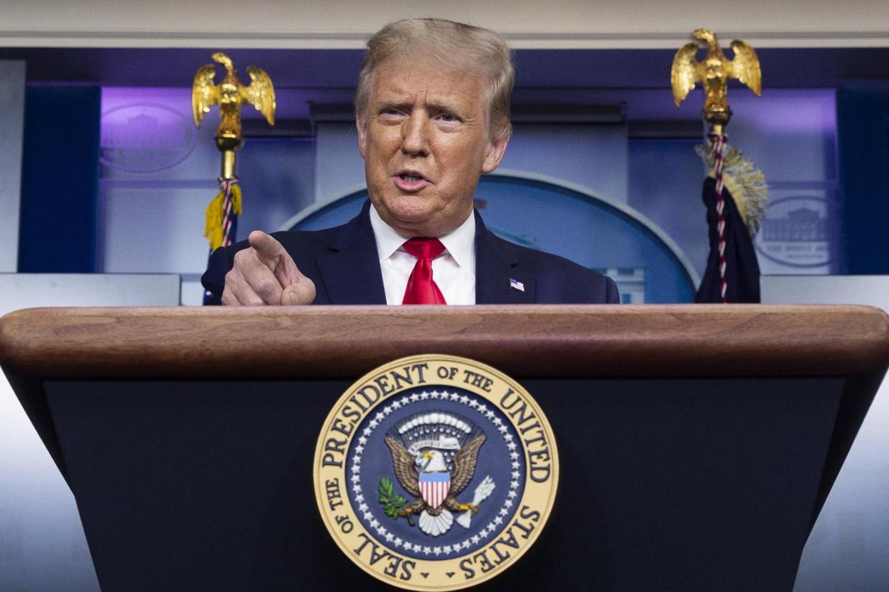 US President Donald J. Trump holds a news briefing in the James Brady Press Briefing Room of the White House