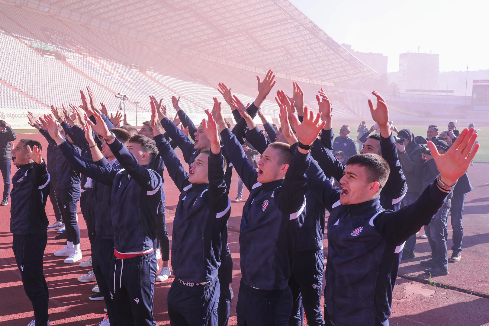 16.03.2023., Split -  Na Poljudu je organiziran docek juniorima HNK Hajduka koji su jucer pobijedili Borussiju Dortmund cime su se plasirali na zavrsni turnir juniorske Lige prvaka, medju cetiri najbolje juniorske momcadi u Europi. Photo: Ivo Cagalj/PIXSELL