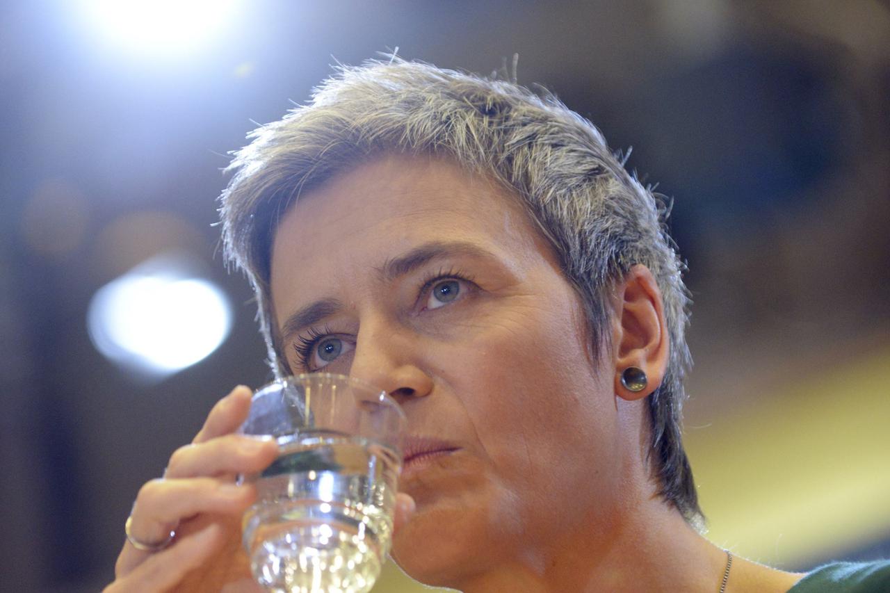 Competition European Commissioner-designate Margrethe Vestager of Denmark drinks prior to an address to the European Parliament's Committee on Economic and Monetary Affairs, at the EU Parliament in Brussels October 2, 2014.        REUTERS/Eric Vidal (BELG